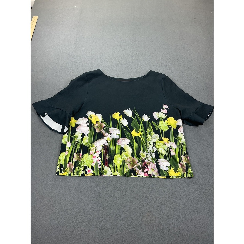 Victoria Beckham For Target Blouse‎ Womens XL Black Floral Crop Top Short Sleeve